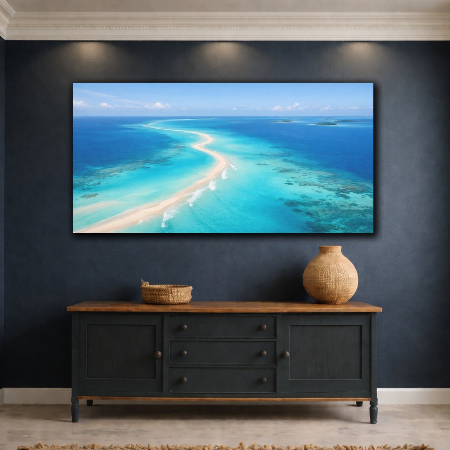 Mockup 4. Nature Ocean Sandbar Tropical Ocean Blue shown as stretched canvas wall art