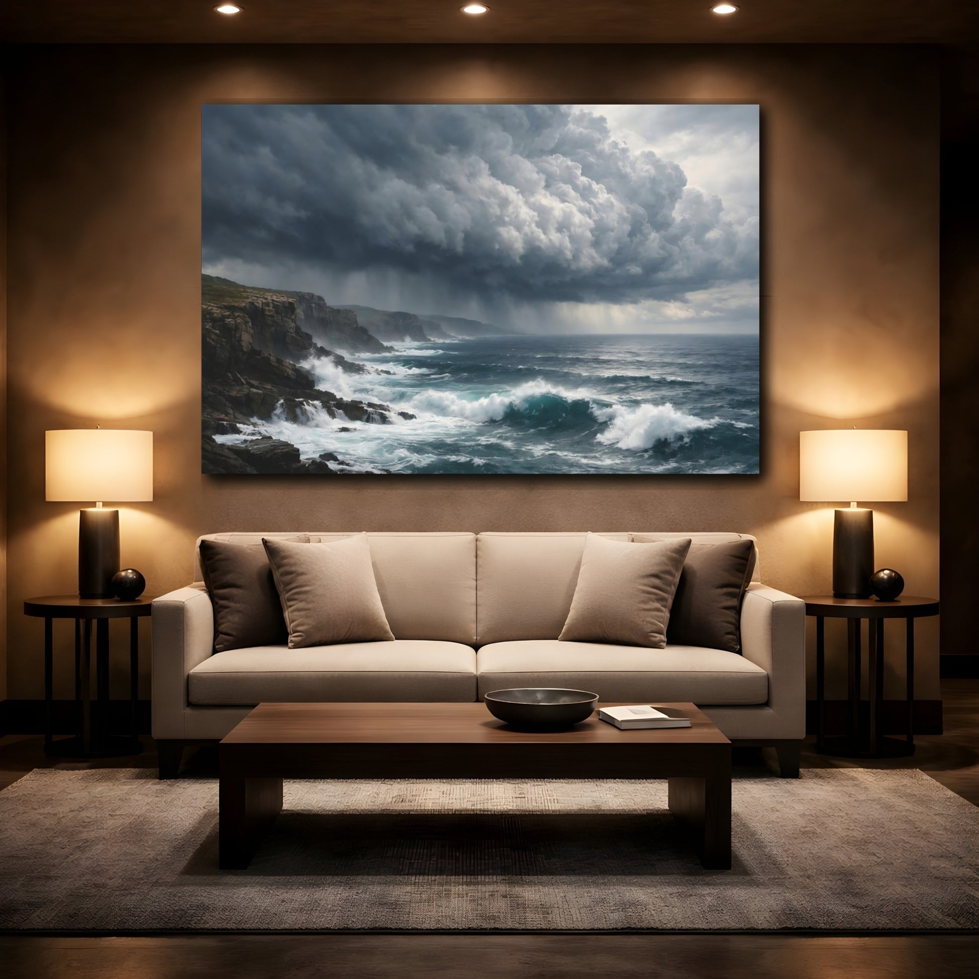 Mockup 2. Nature Ocean Storm Dark Ocean Seascape shown as stretched canvas wall art