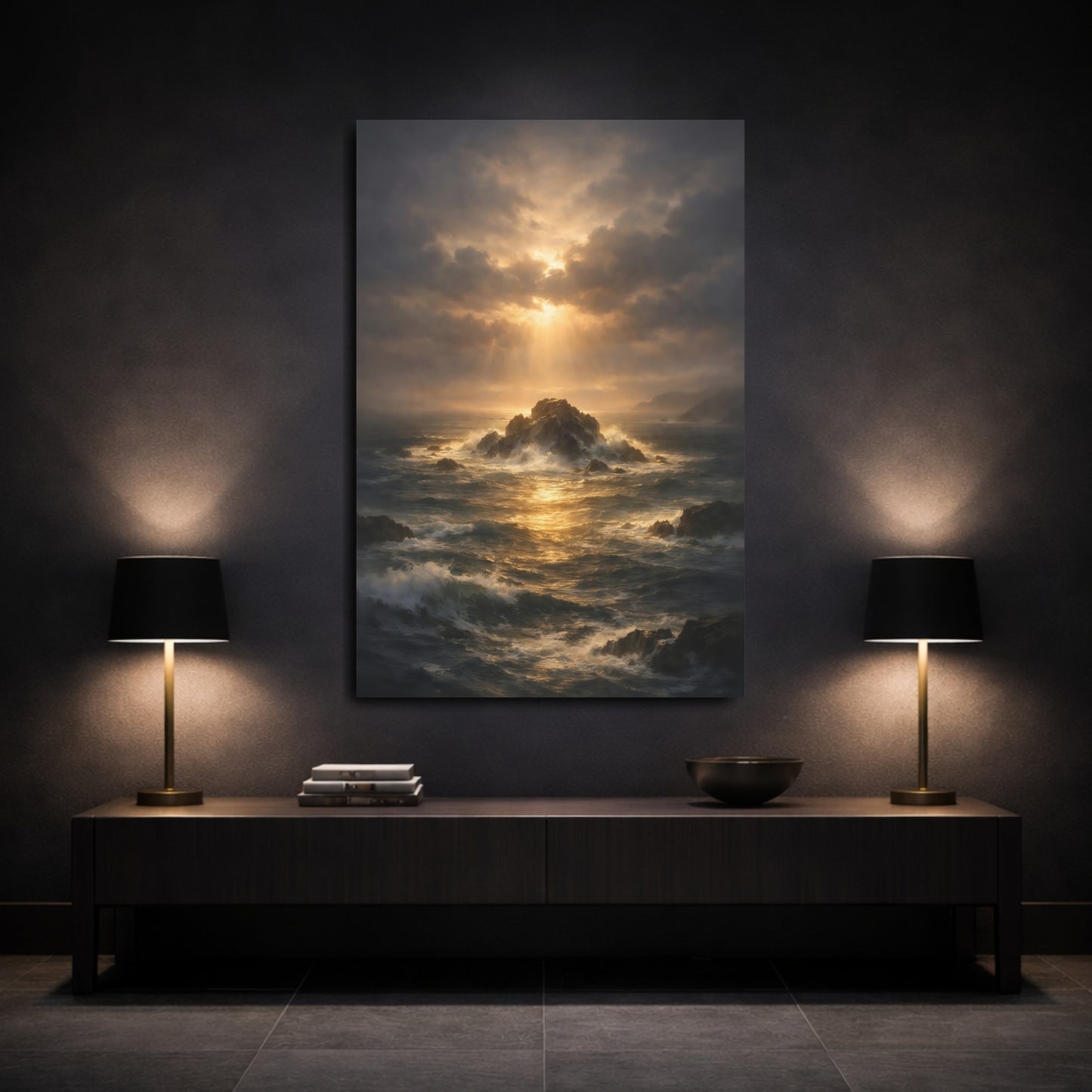Mockup 2. Nature Ocean Storm Dark Ocean Sunset shown as stretched canvas wall art