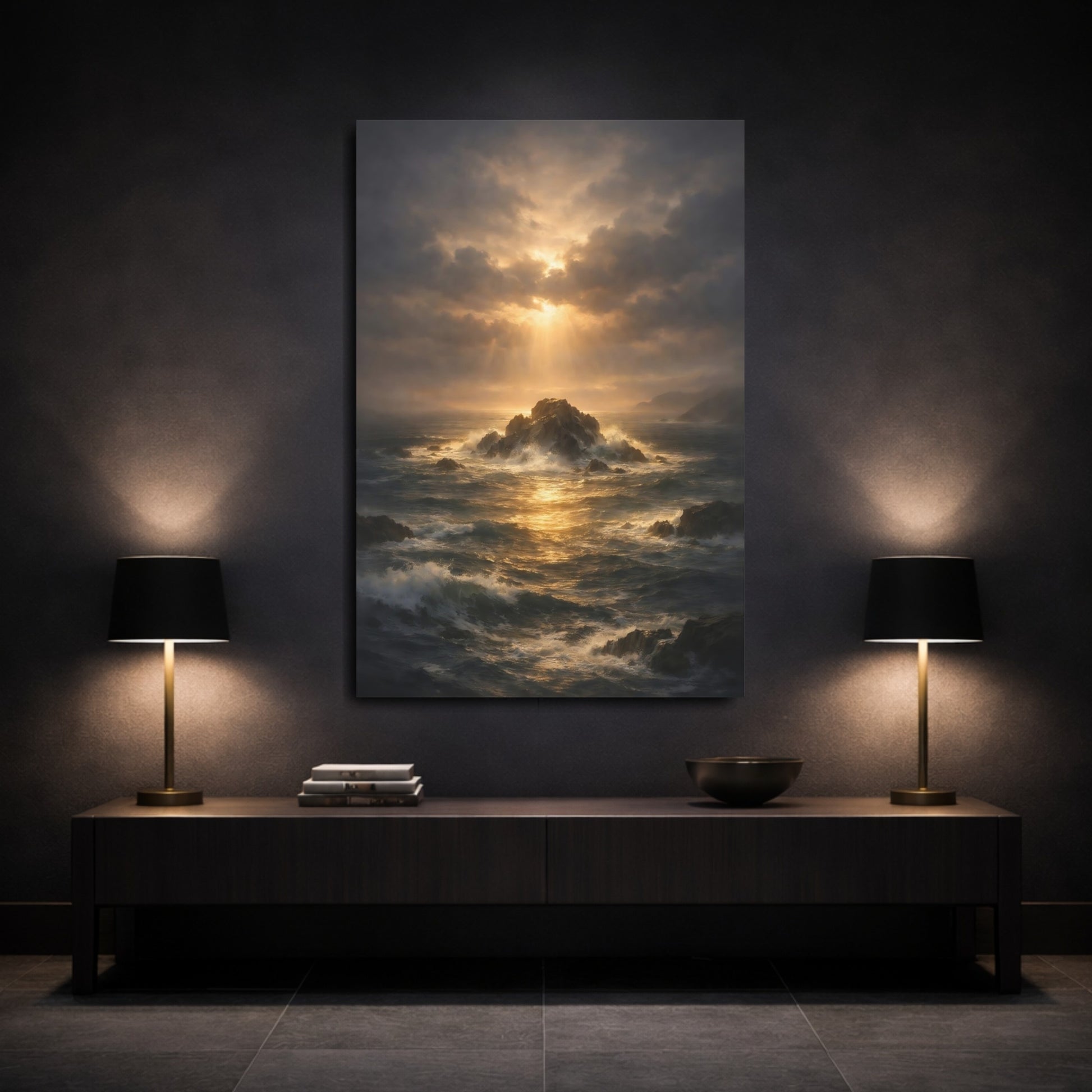 Mockup 2. Nature Ocean Storm Dark Ocean Sunset shown as stretched canvas wall art