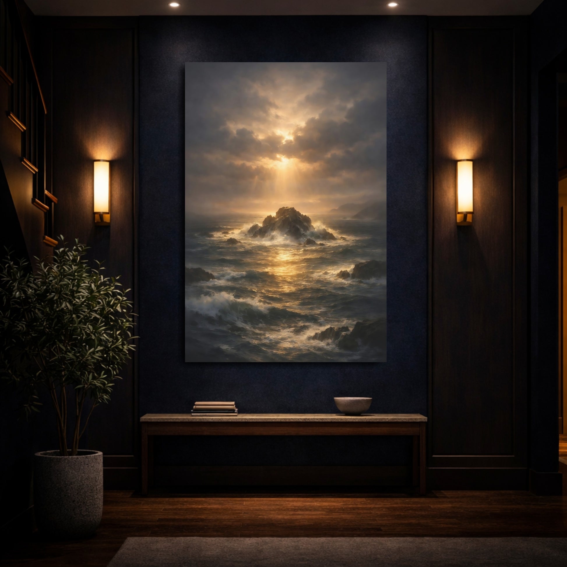 Mockup 3. Nature Ocean Storm Dark Ocean Sunset shown as stretched canvas wall art