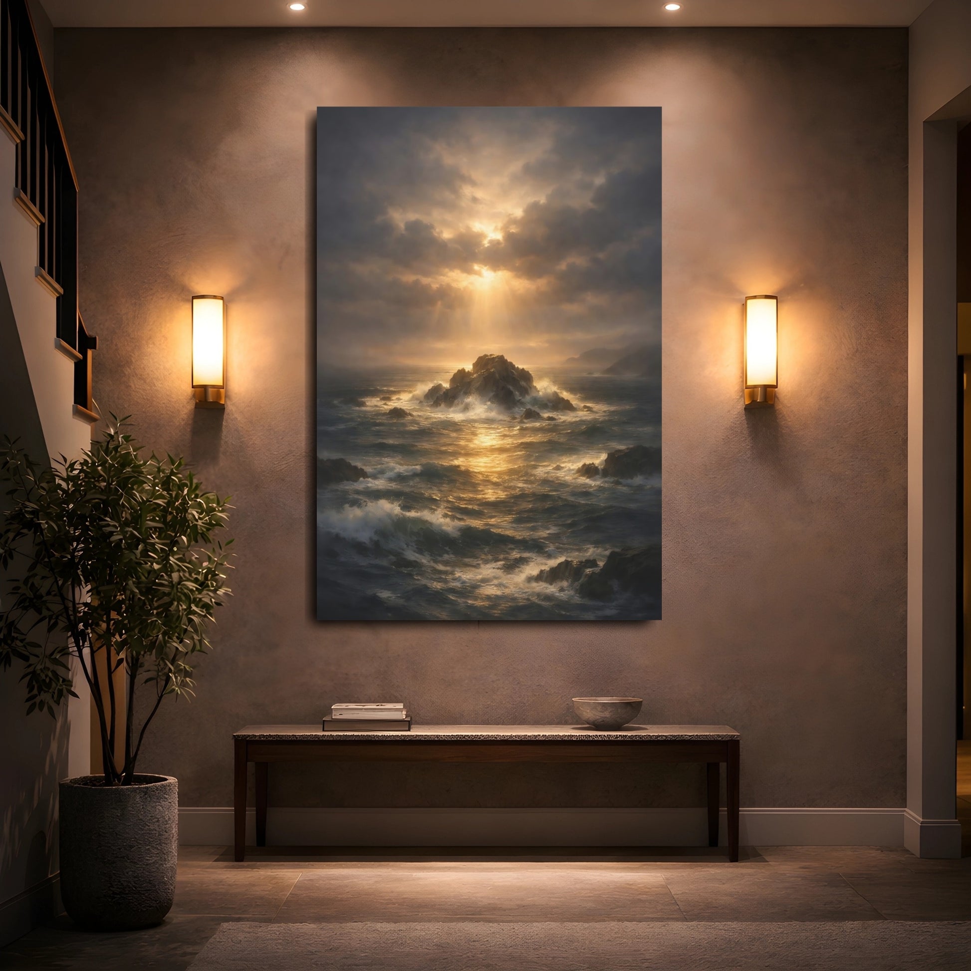Mockup 4. Nature Ocean Storm Dark Ocean Sunset shown as stretched canvas wall art