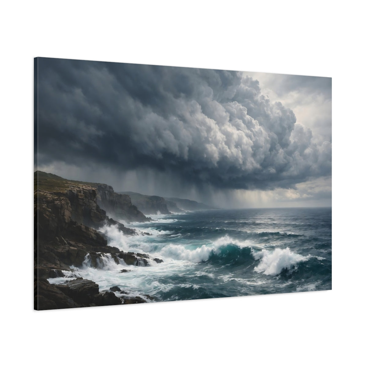 Side Mockup 1. Nature Ocean Storm Dark Ocean Seascape shown as stretched canvas wall art
