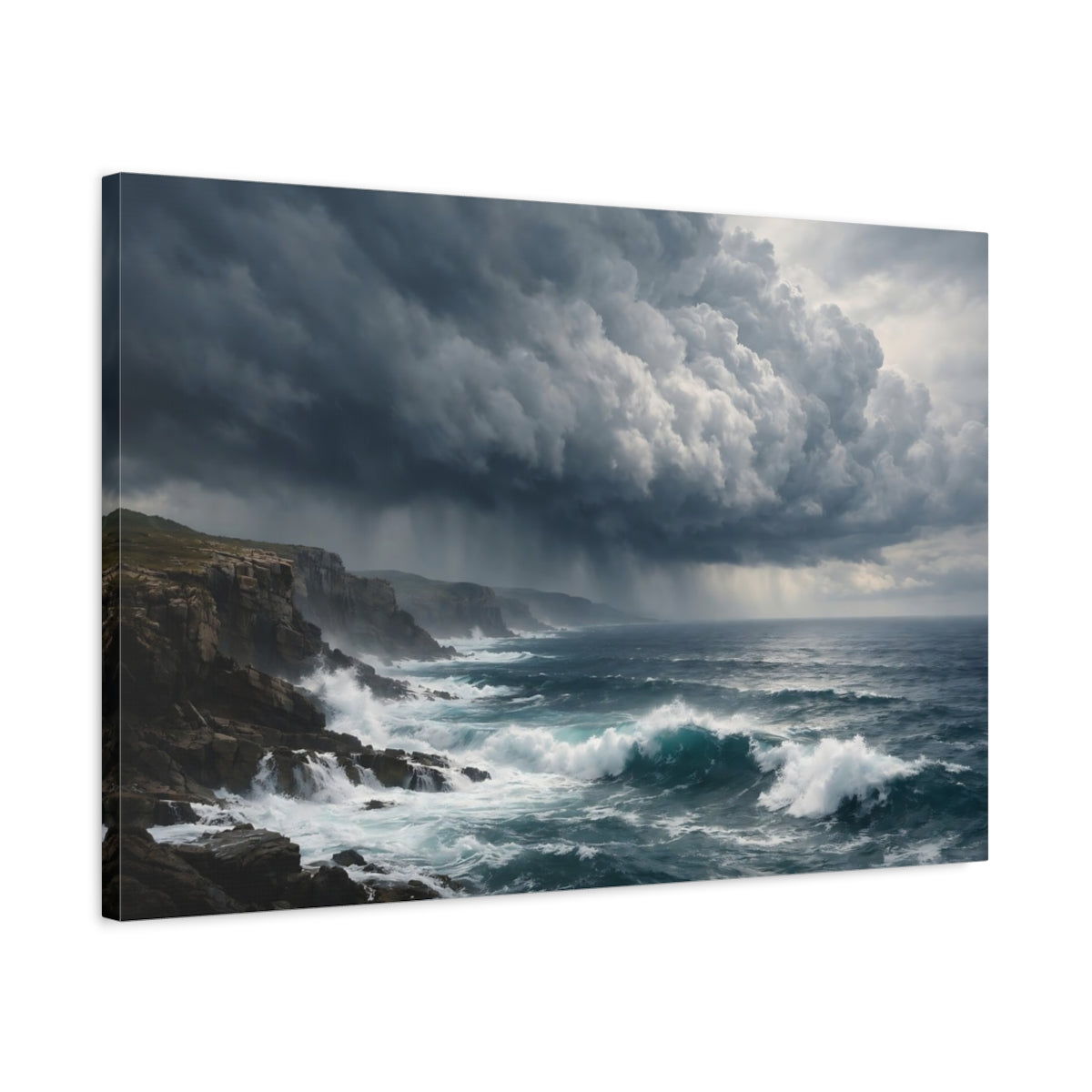 Side Mockup 2. Nature Ocean Storm Dark Ocean Seascape shown as stretched canvas wall art