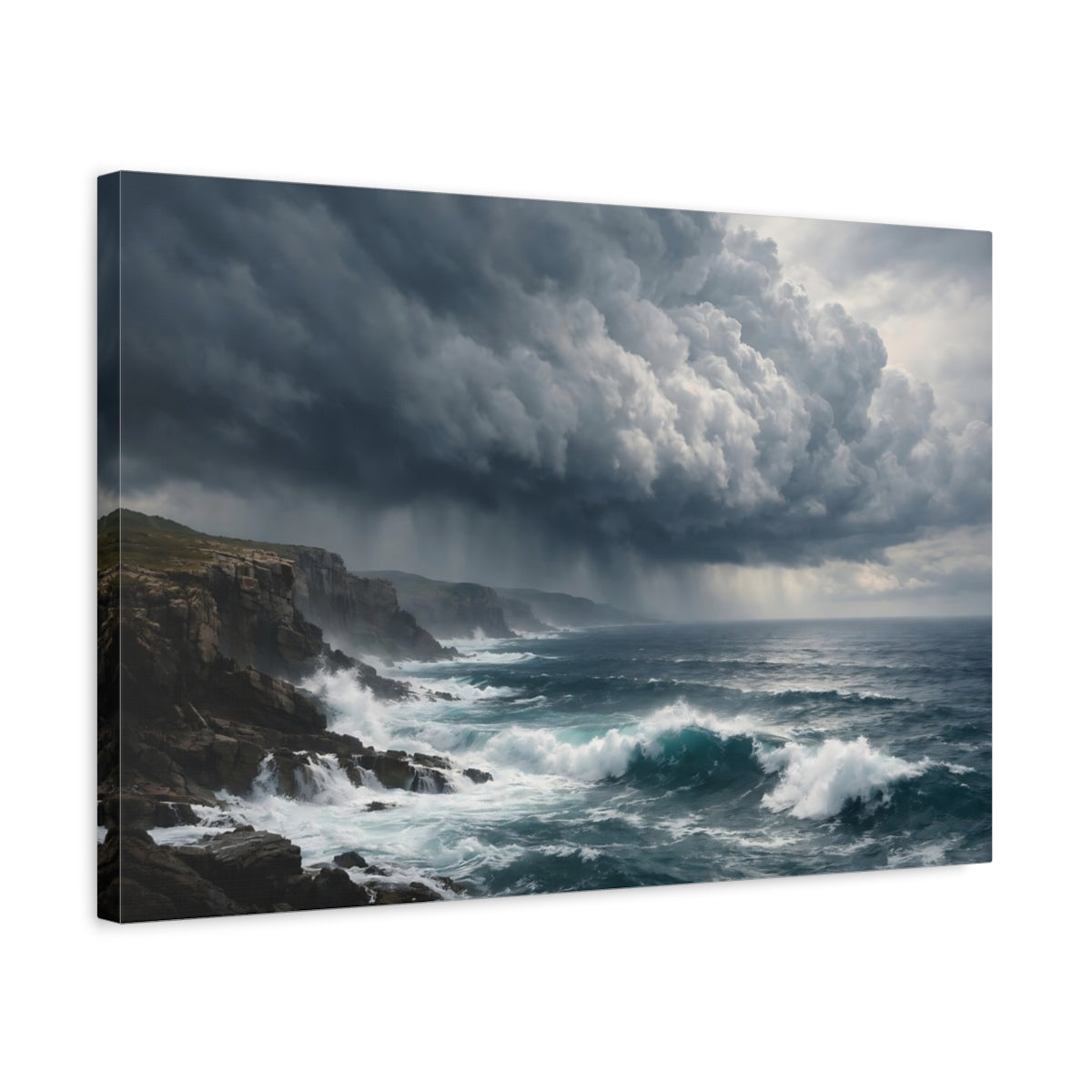 Side Mockup 3. Nature Ocean Storm Dark Ocean Seascape shown as stretched canvas wall art