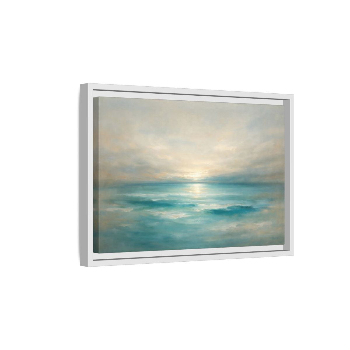 Side Mockup 4. Nature Ocean Sunrise Teal Ocean Sunrise shown as stretched canvas wall art