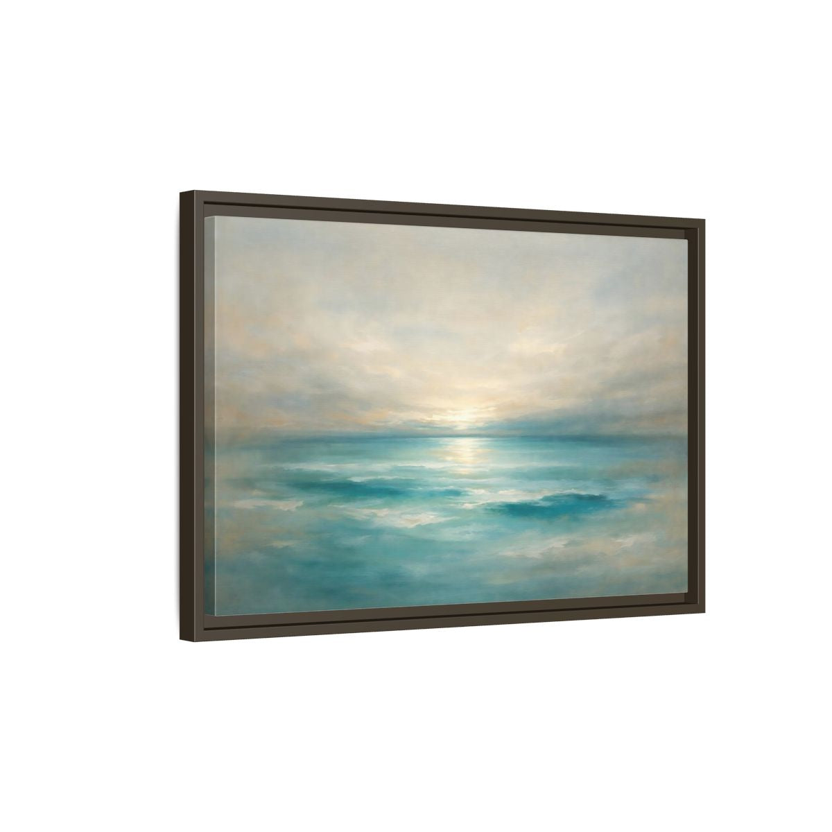 Side Mockup 2. Nature Ocean Sunrise Teal Ocean Sunrise shown as stretched canvas wall art