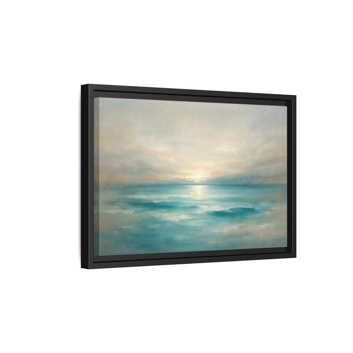 Side Mockup 6. Nature Ocean Sunrise Teal Ocean Sunrise shown as stretched canvas wall art