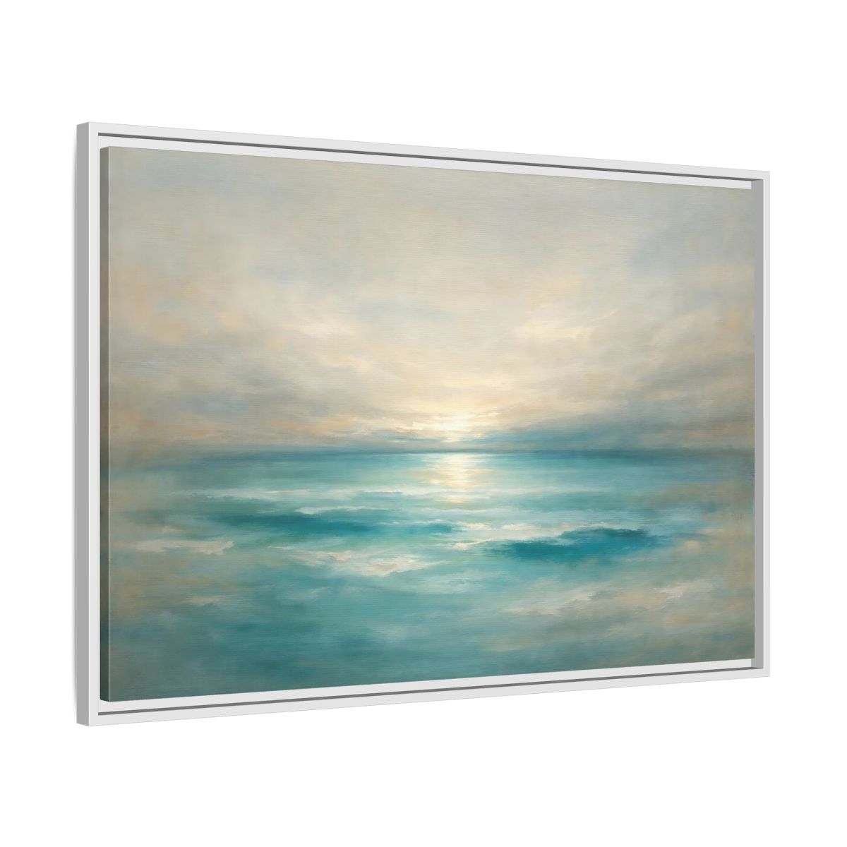 Side Mockup 8. Nature Ocean Sunrise Teal Ocean Sunrise shown as stretched canvas wall art