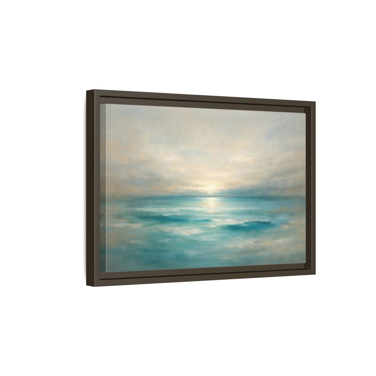 Side Mockup 5. Nature Ocean Sunrise Teal Ocean Sunrise shown as stretched canvas wall art