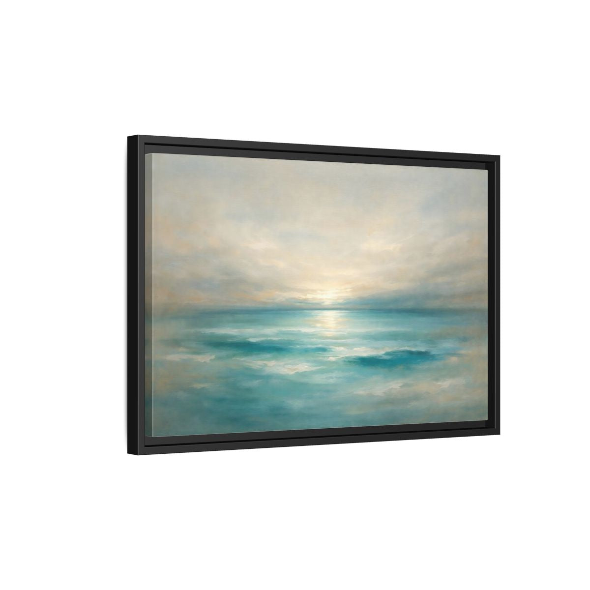 Side Mockup 3. Nature Ocean Sunrise Teal Ocean Sunrise shown as stretched canvas wall art