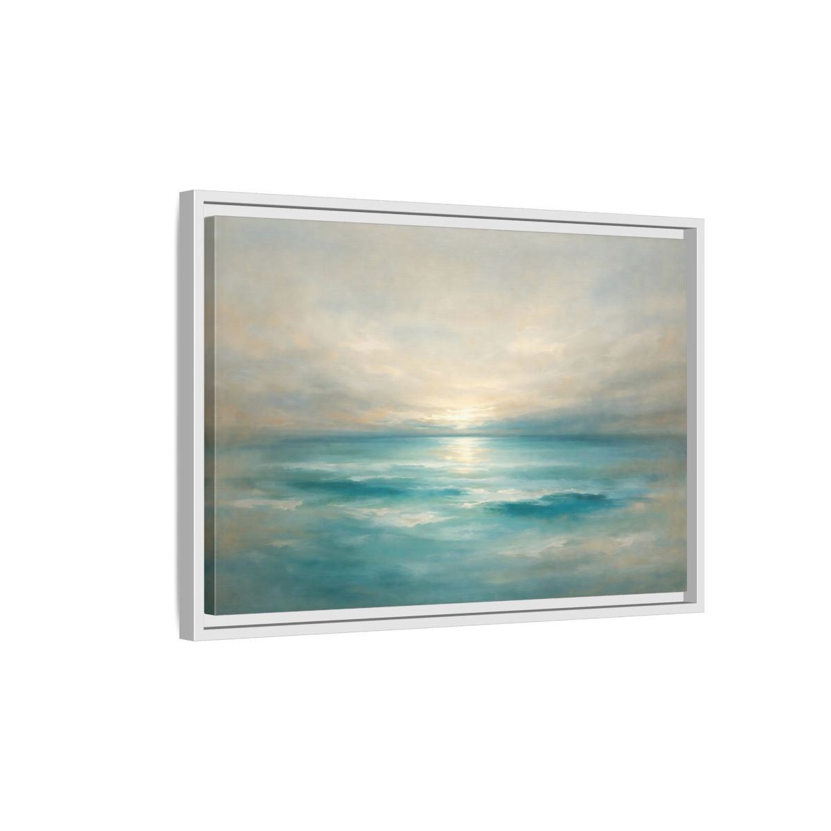 Side Mockup 1. Nature Ocean Sunrise Teal Ocean Sunrise shown as stretched canvas wall art