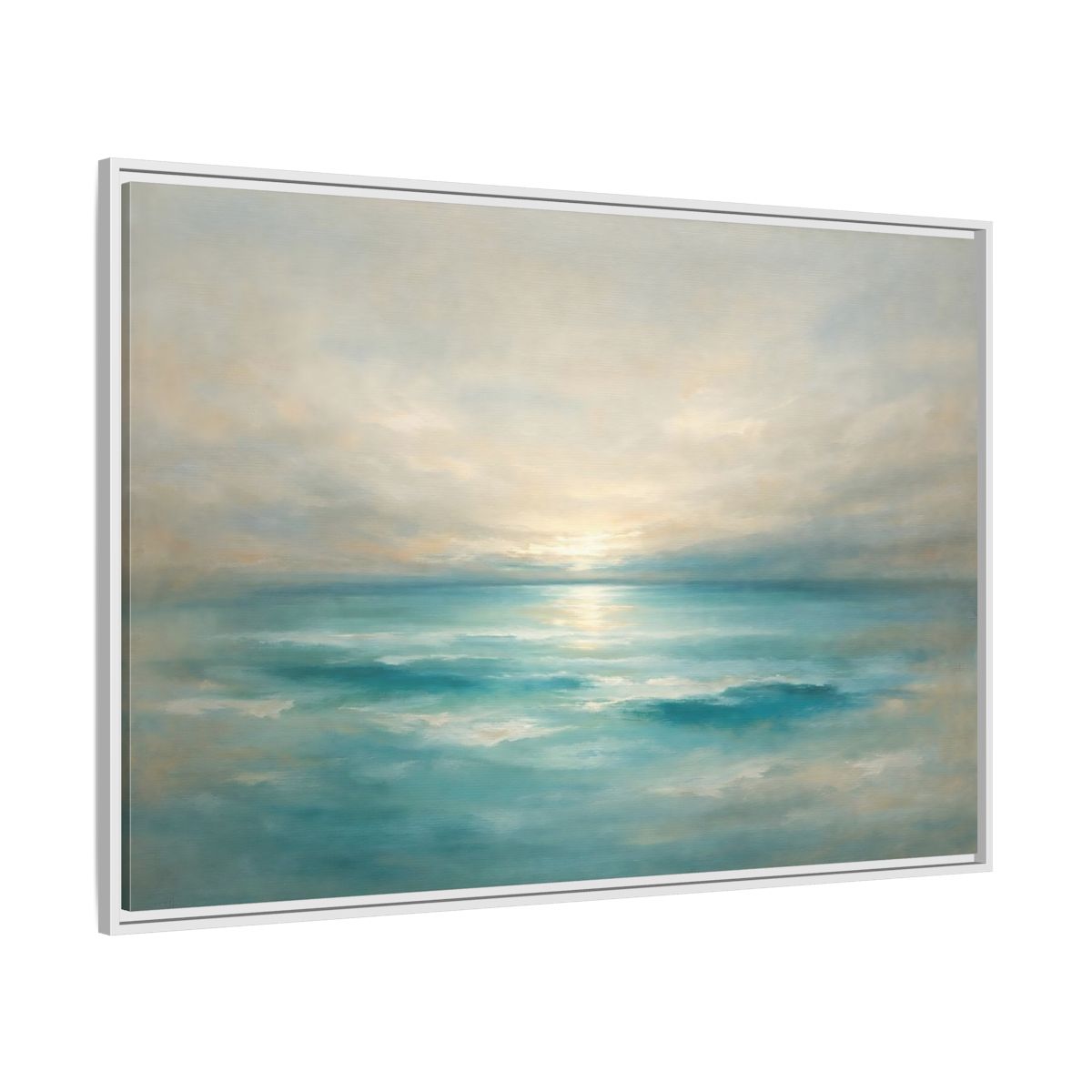 Side Mockup 7. Nature Ocean Sunrise Teal Ocean Sunrise shown as stretched canvas wall art