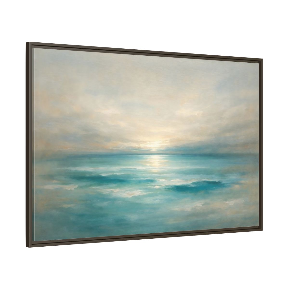Main Mockup. Nature Ocean Sunrise Teal Ocean Sunrise shown as stretched canvas wall art