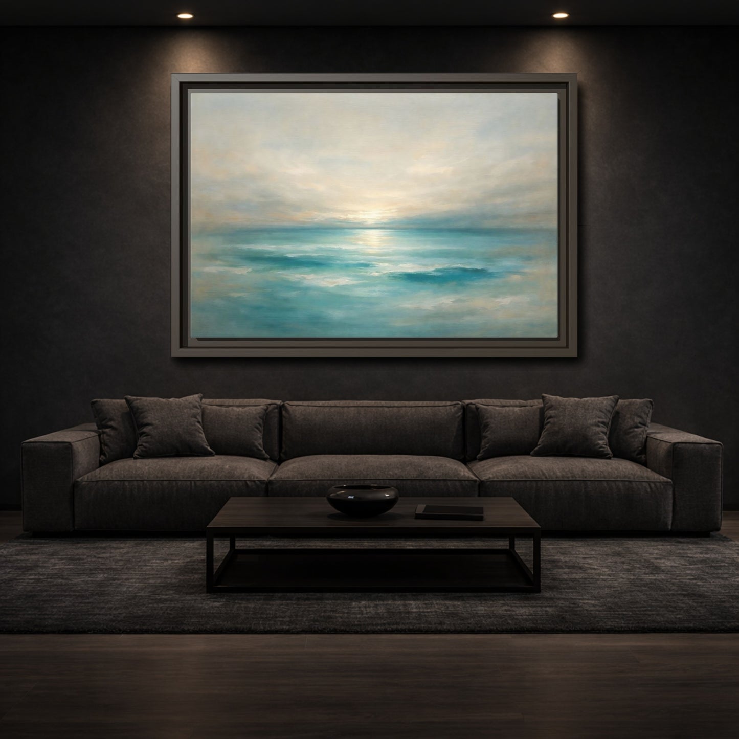 Mockup 2. Nature Ocean Sunrise Teal Ocean Sunrise shown as stretched canvas wall art