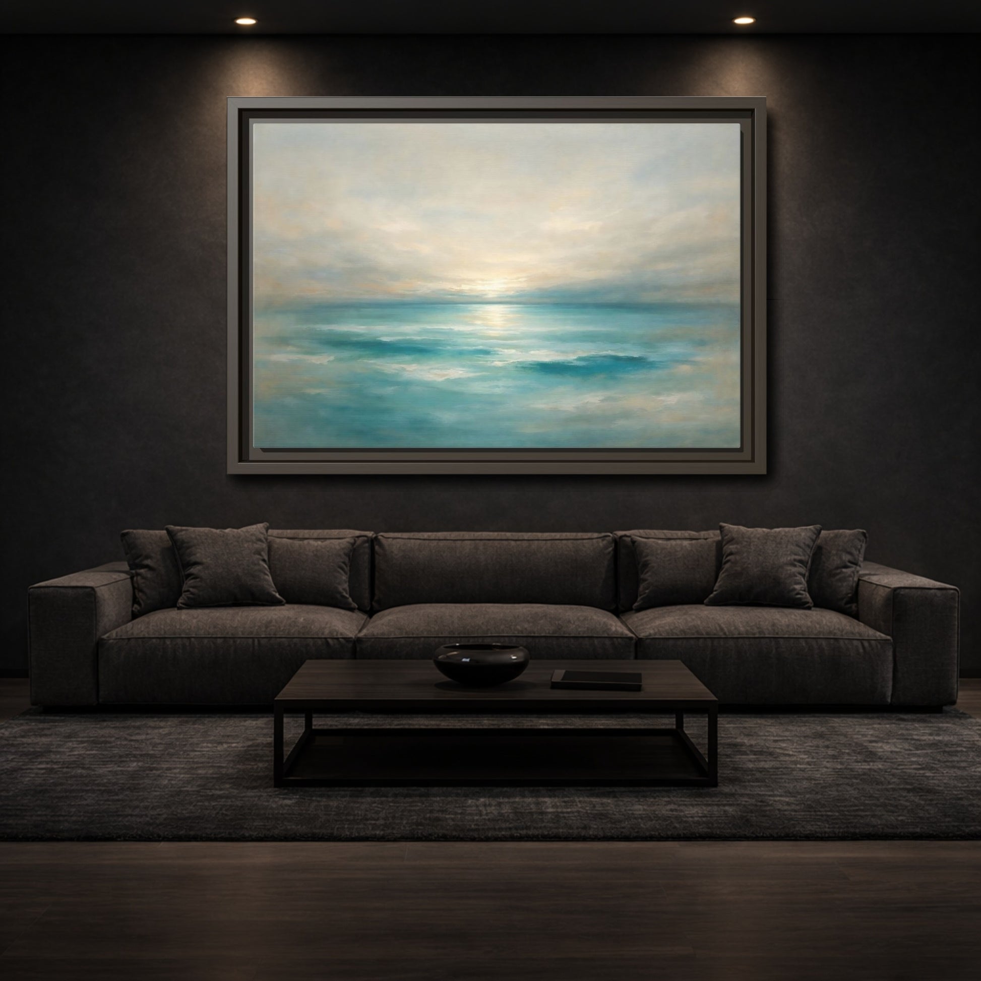Mockup 2. Nature Ocean Sunrise Teal Ocean Sunrise shown as stretched canvas wall art