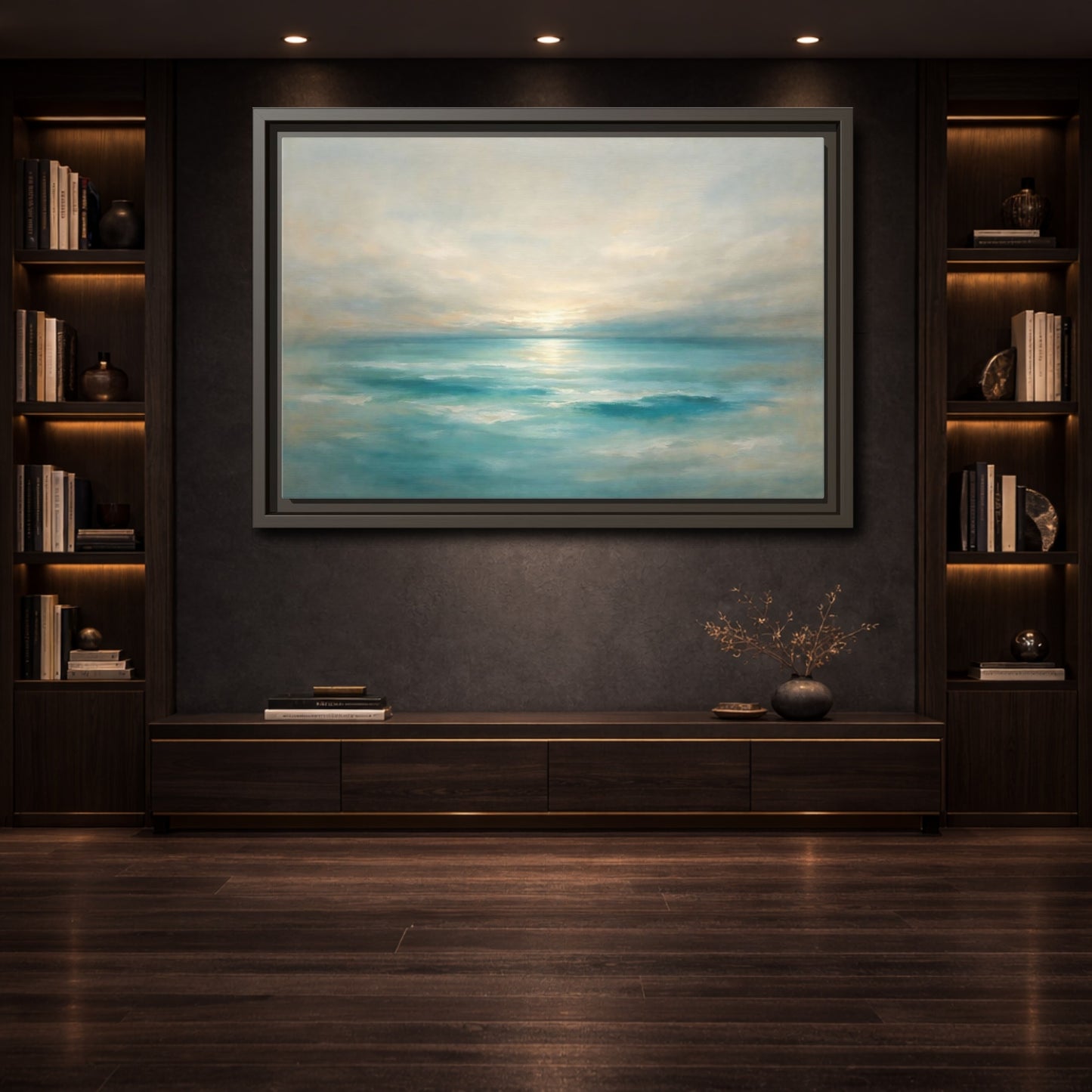 Mockup 3. Nature Ocean Sunrise Teal Ocean Sunrise shown as stretched canvas wall art