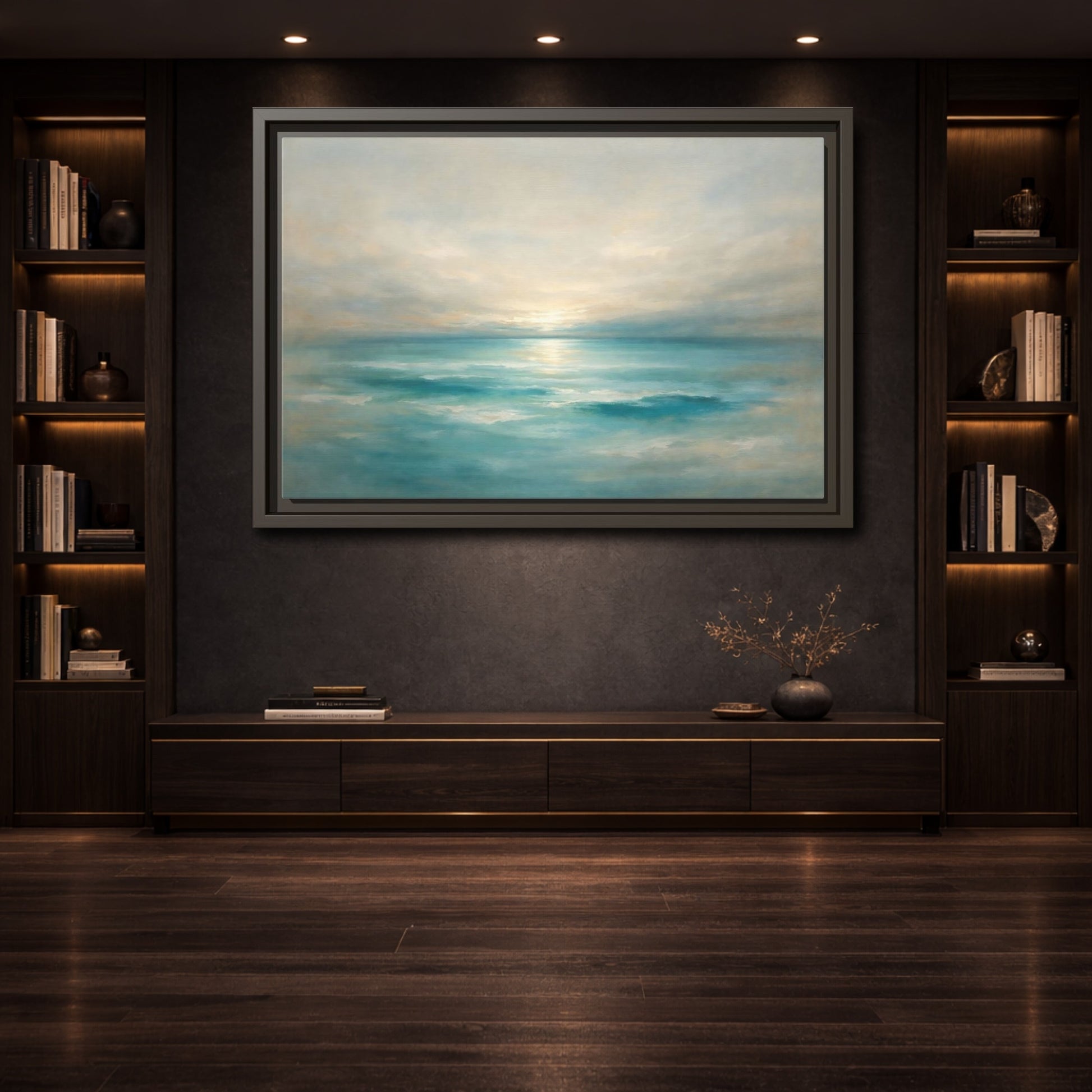Mockup 3. Nature Ocean Sunrise Teal Ocean Sunrise shown as stretched canvas wall art