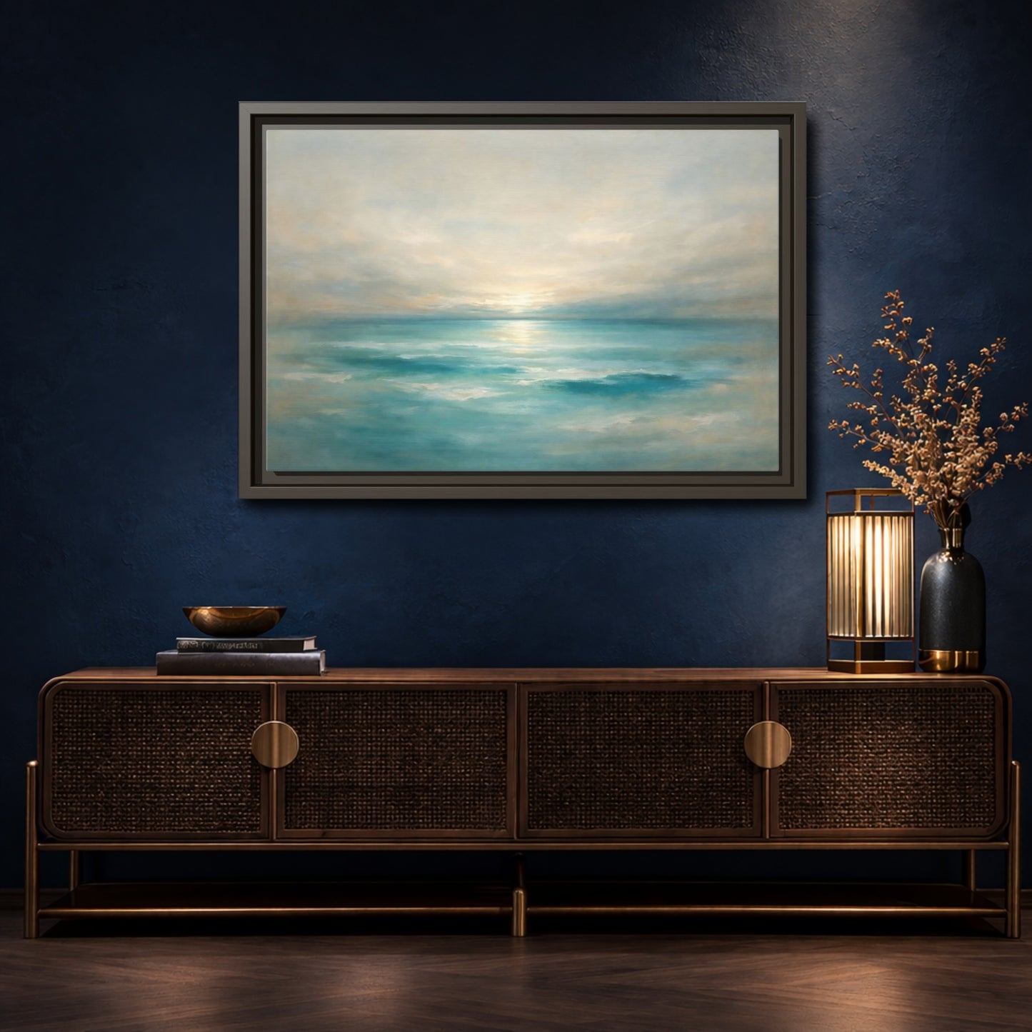 Mockup 4. Nature Ocean Sunrise Teal Ocean Sunrise shown as stretched canvas wall art