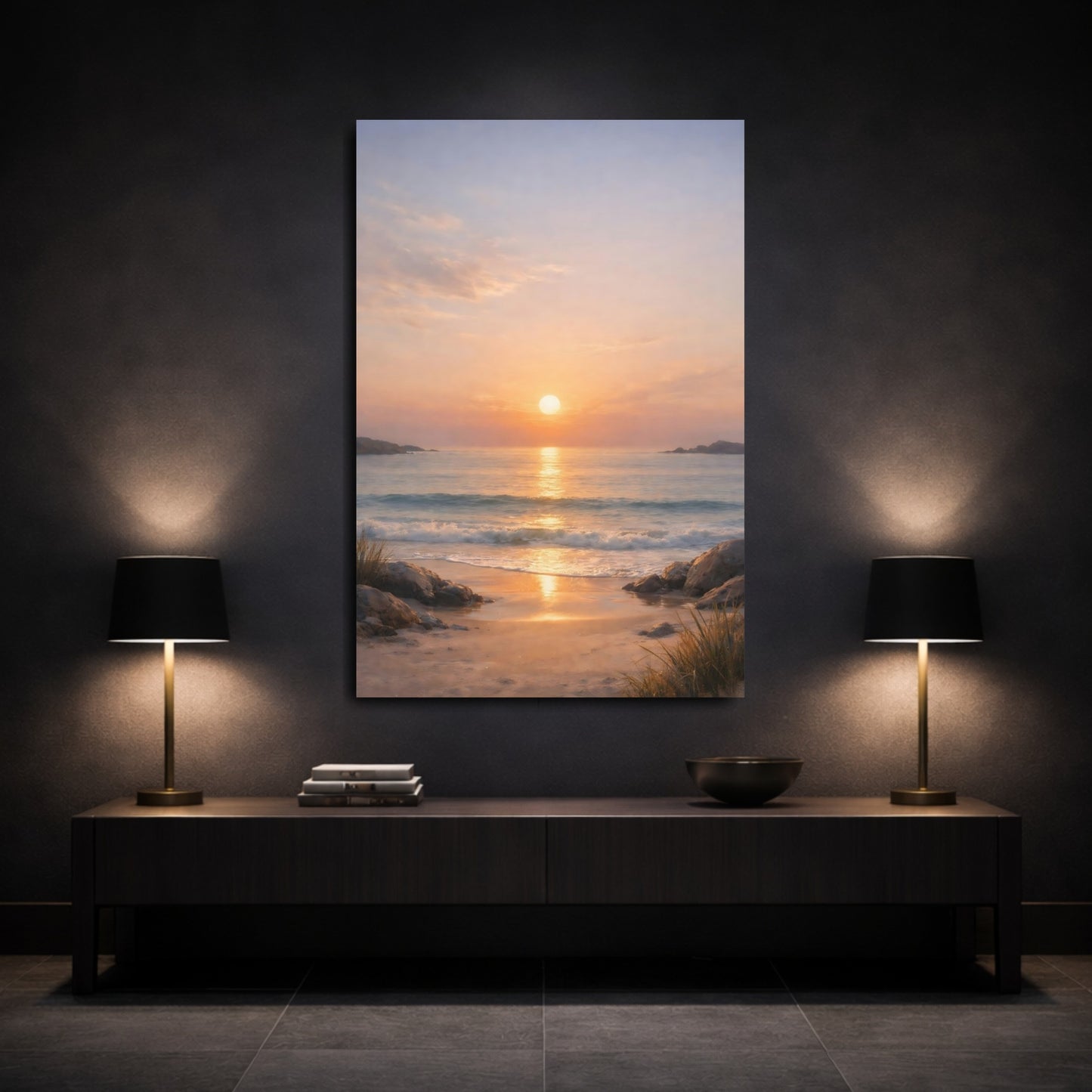 Mockup 2. Nature Ocean Sunset Beach Sunset shown as stretched canvas wall art