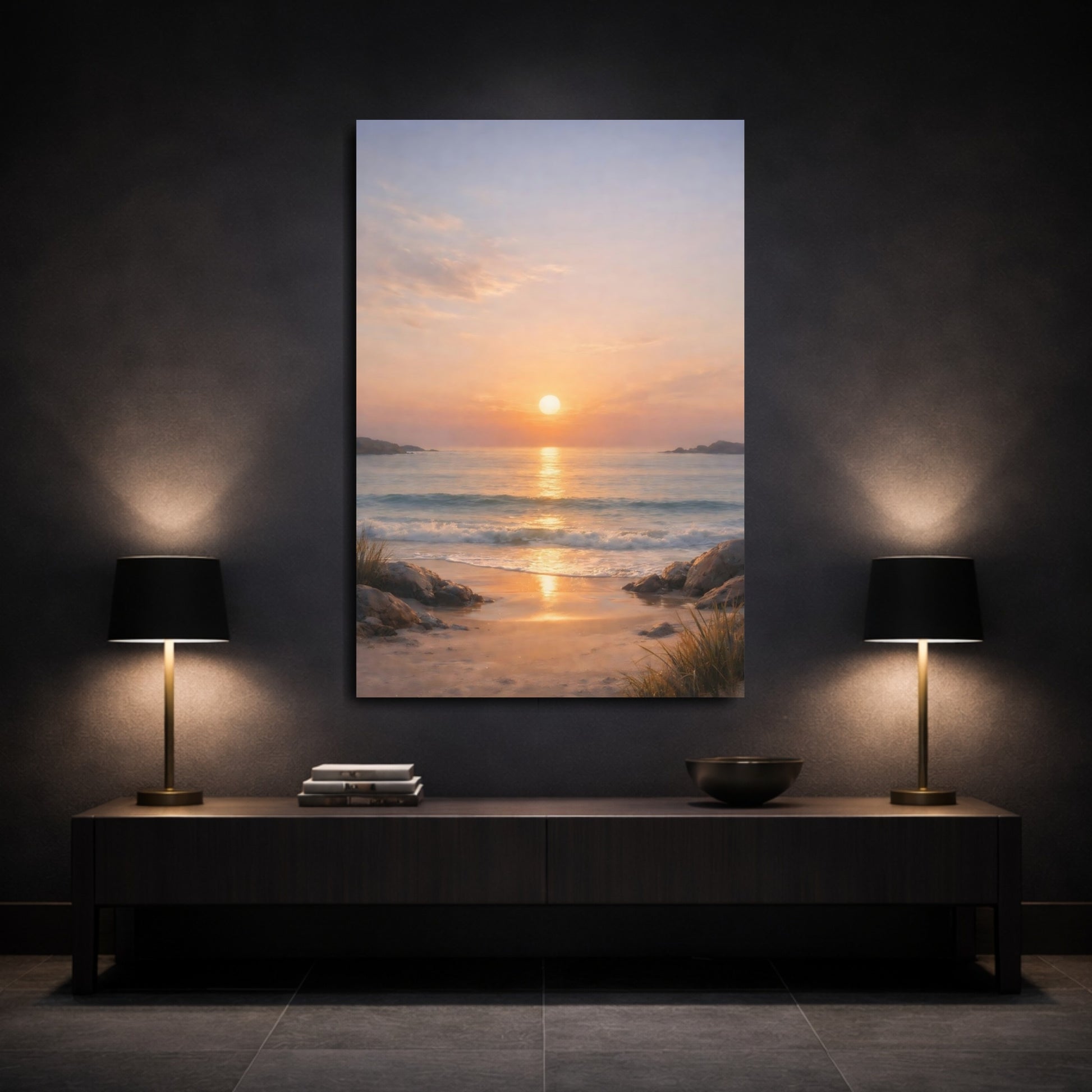 Mockup 2. Nature Ocean Sunset Beach Sunset shown as stretched canvas wall art