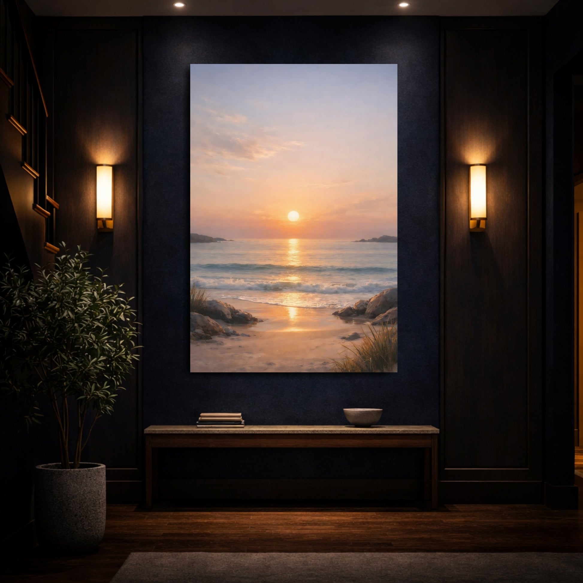 Mockup 3. Nature Ocean Sunset Beach Sunset shown as stretched canvas wall art