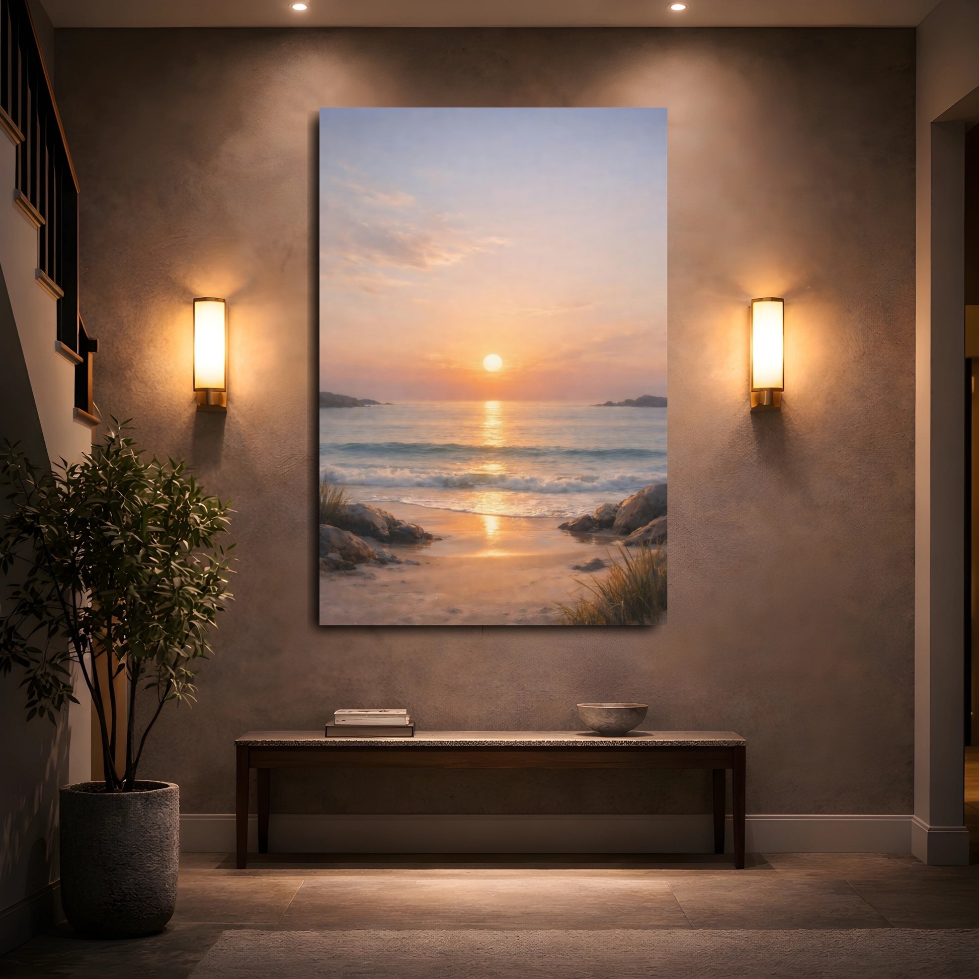 Mockup 4. Nature Ocean Sunset Beach Sunset shown as stretched canvas wall art