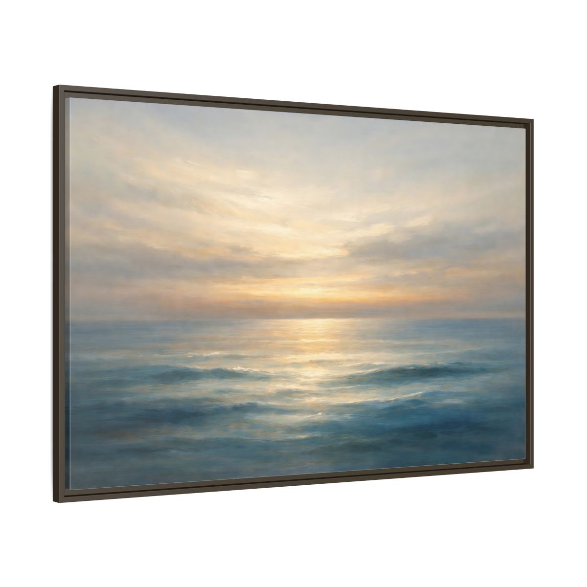 Main Mockup. Nature Ocean Sunset Blue And Gold shown as stretched canvas wall art