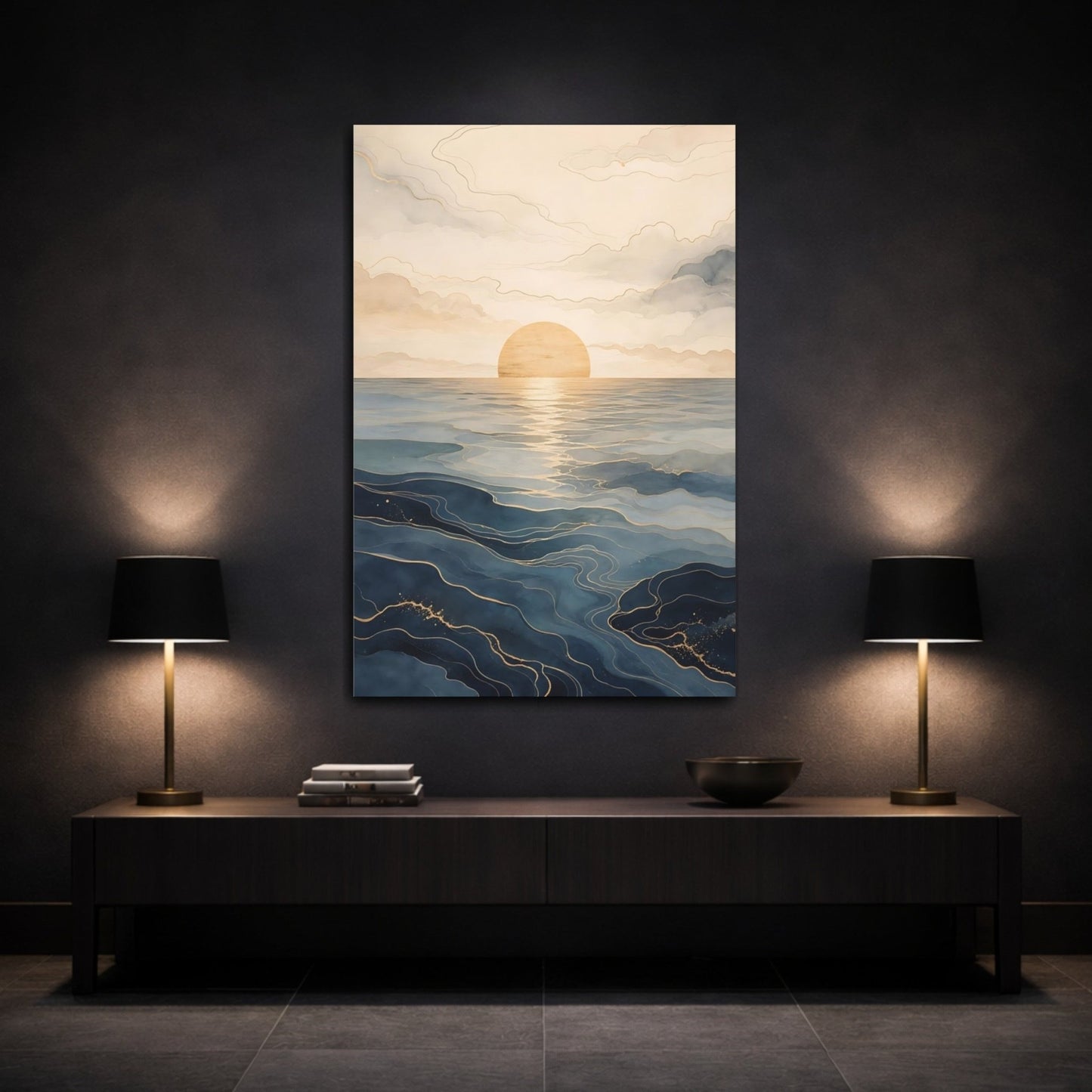 Nature Ocean Sunset Blue And Gold Canvas Print – Living Room, Large Wall - YesArtYes