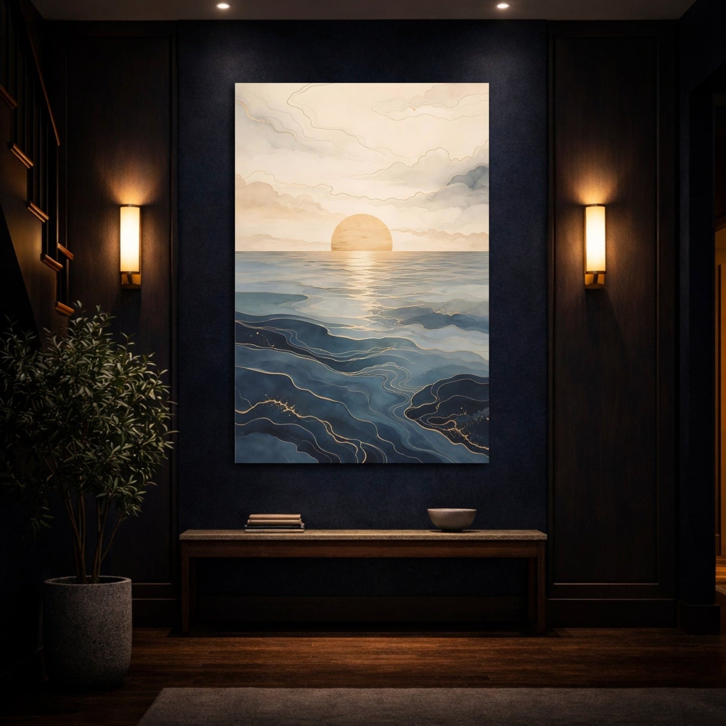 Nature Ocean Sunset Blue And Gold Canvas Print – Living Room, Large Wall - YesArtYes