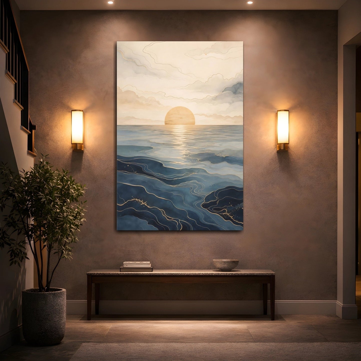 Nature Ocean Sunset Blue And Gold Canvas Print – Living Room, Large Wall - YesArtYes