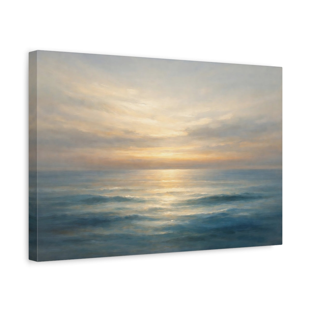 Side Mockup 4. Nature Ocean Sunset Blue And Gold Ocean shown as stretched canvas wall art