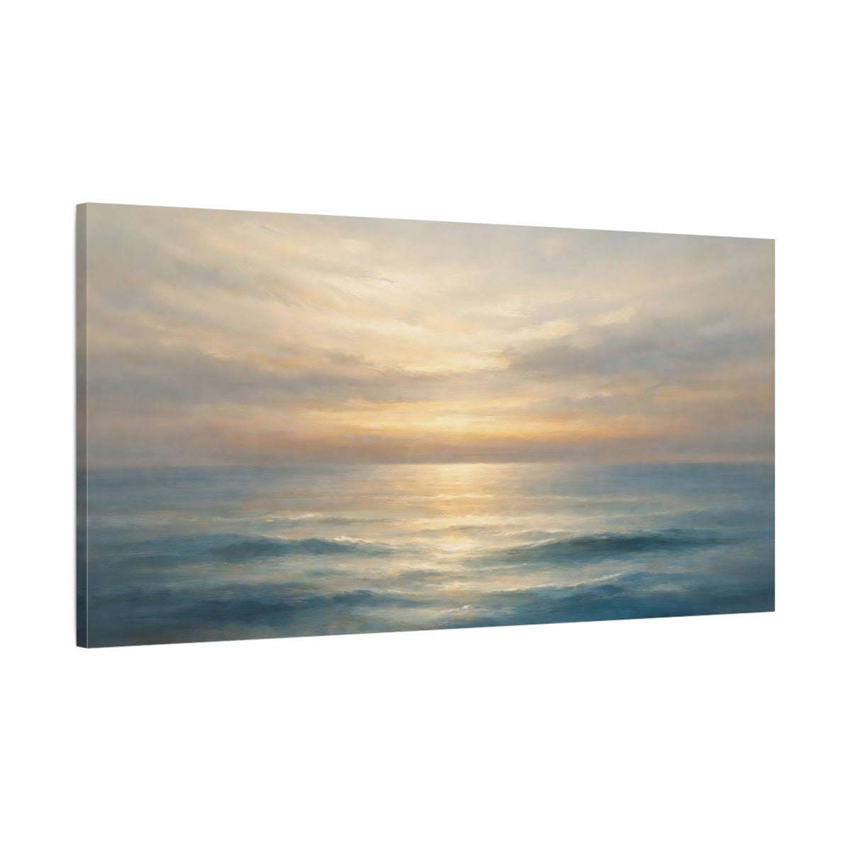 Side Mockup 1. Nature Ocean Sunset Blue And Gold Sunset shown as stretched canvas wall art