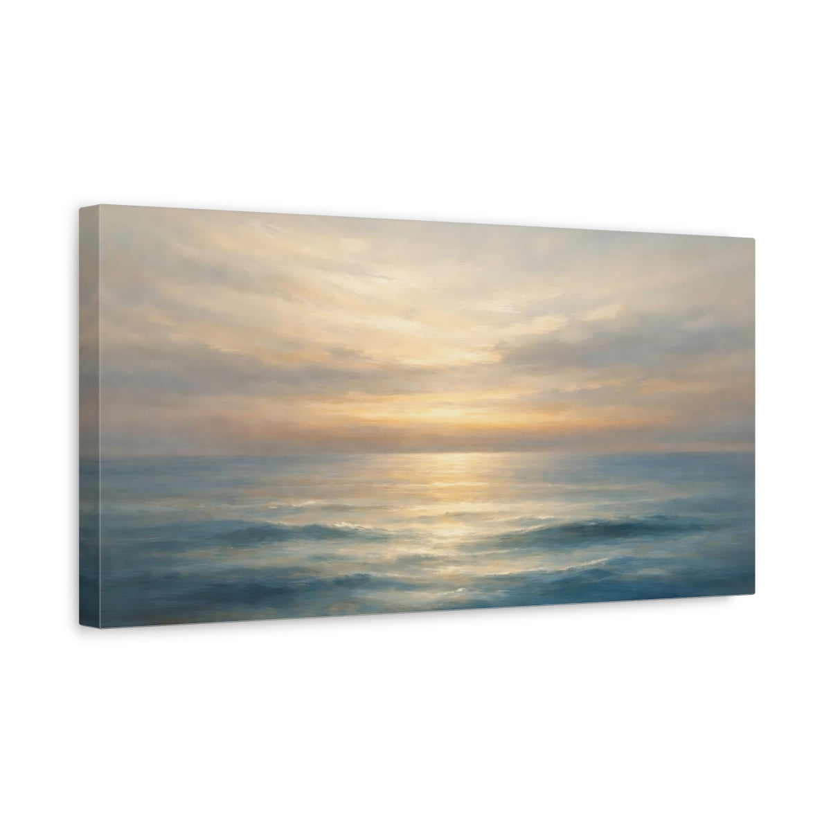 Side Mockup 3. Nature Ocean Sunset Blue And Gold Sunset shown as stretched canvas wall art