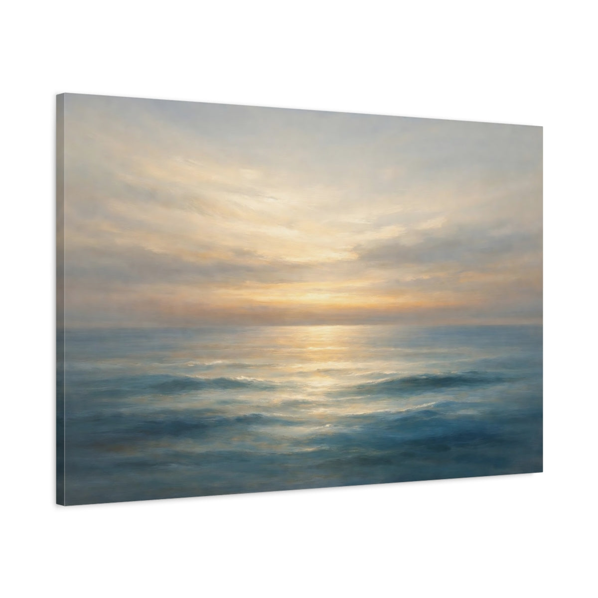Side Mockup 1. Nature Ocean Sunset Blue And Gold Ocean shown as stretched canvas wall art