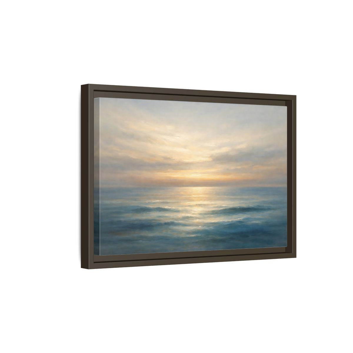 Side Mockup 5. Nature Ocean Sunset Blue And Gold shown as stretched canvas wall art