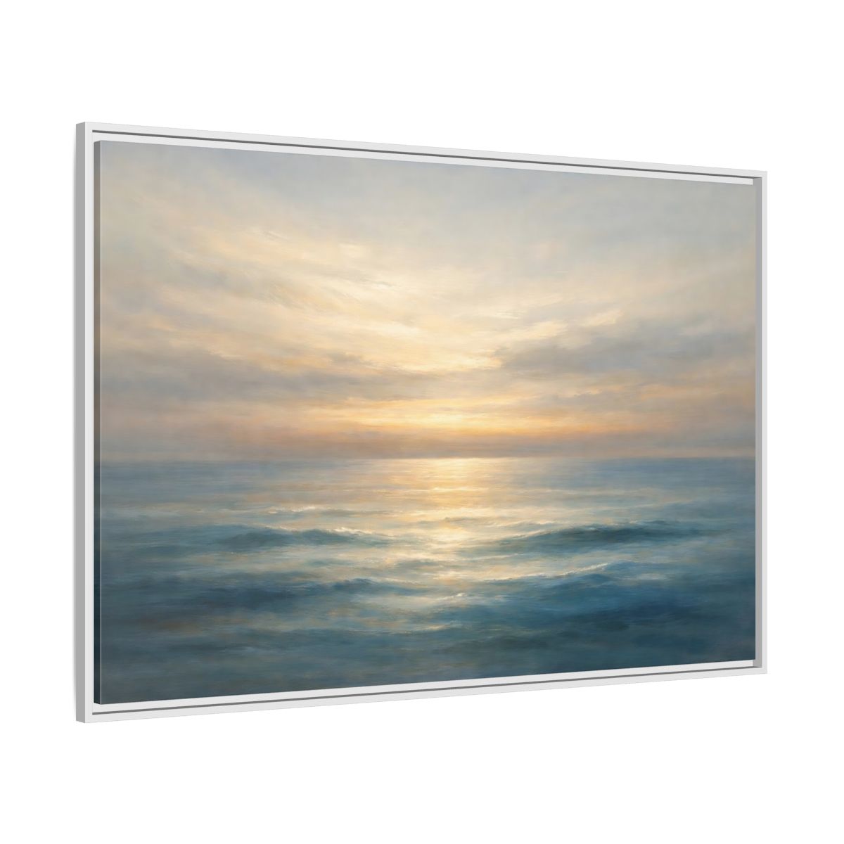 Side Mockup 7. Nature Ocean Sunset Blue And Gold shown as stretched canvas wall art
