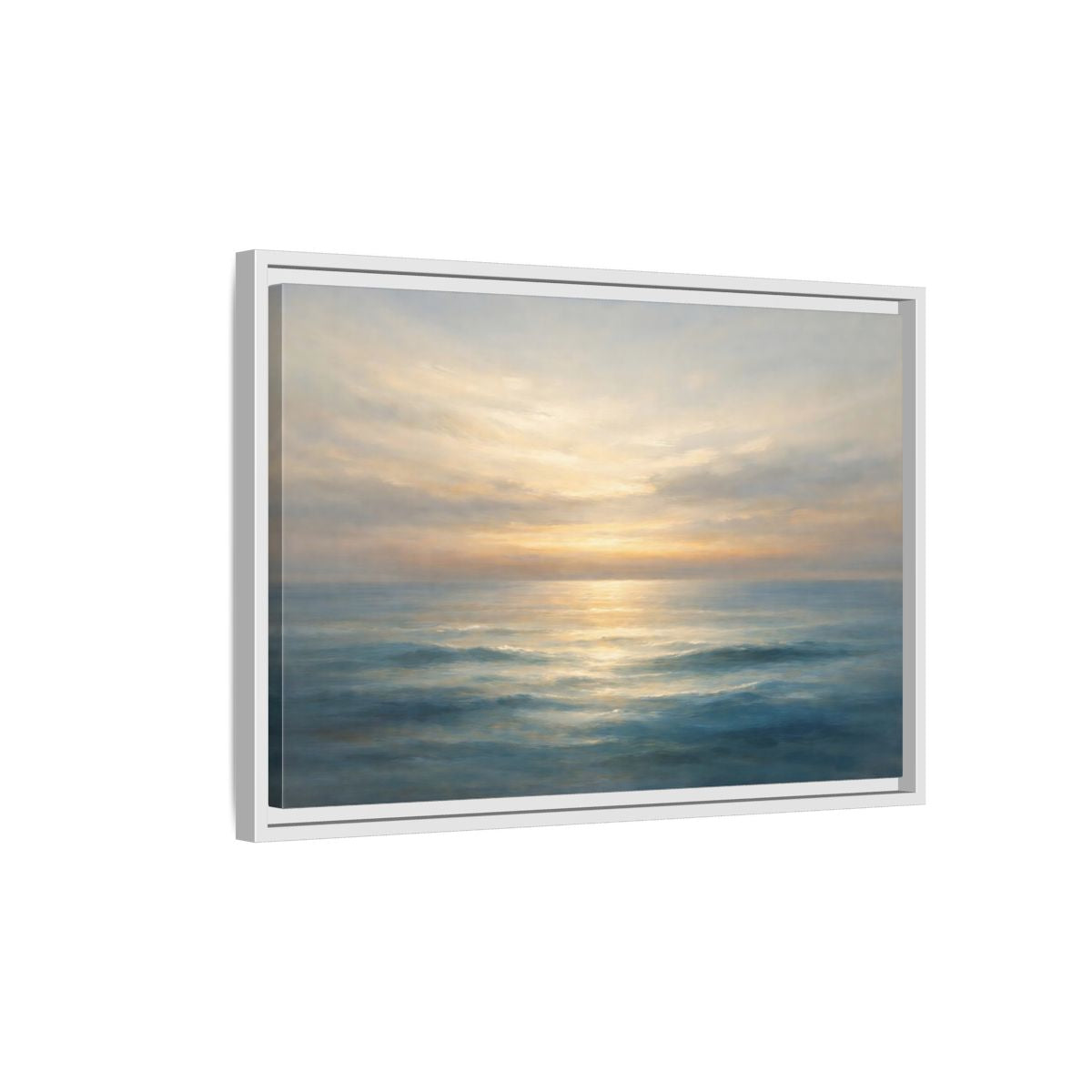 Side Mockup 1. Nature Ocean Sunset Blue And Gold shown as stretched canvas wall art