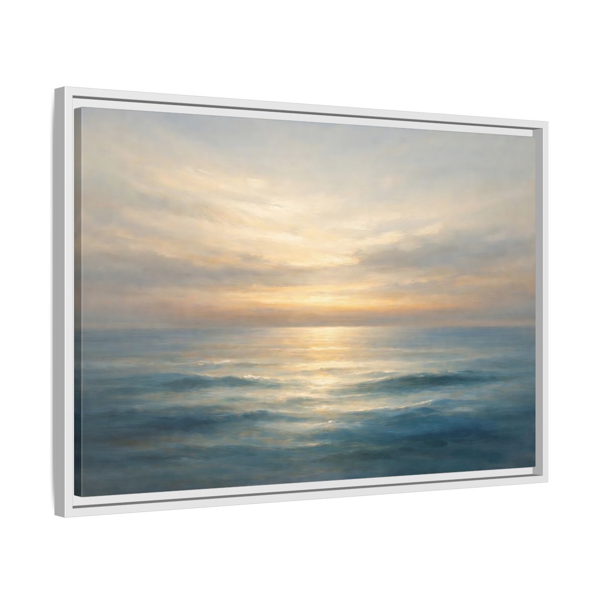 Side Mockup 10. Nature Ocean Sunset Blue And Gold shown as stretched canvas wall art