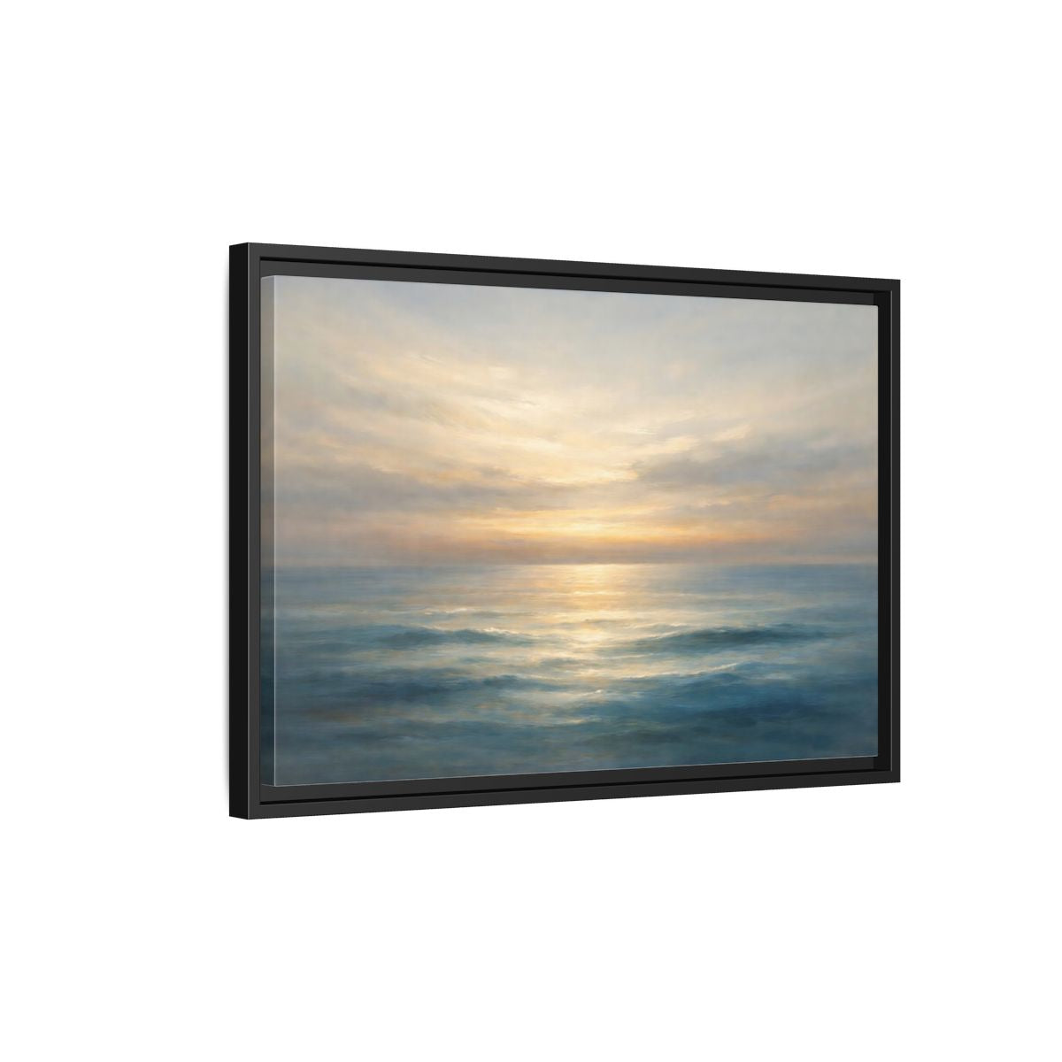 Side Mockup 3. Nature Ocean Sunset Blue And Gold shown as stretched canvas wall art