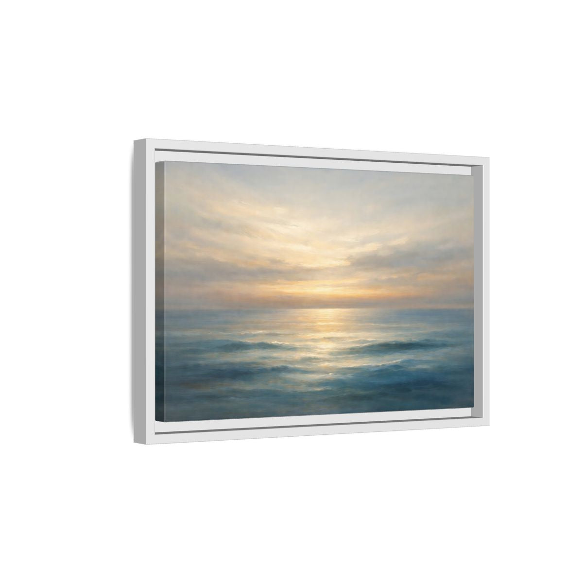 Side Mockup 4. Nature Ocean Sunset Blue And Gold shown as stretched canvas wall art