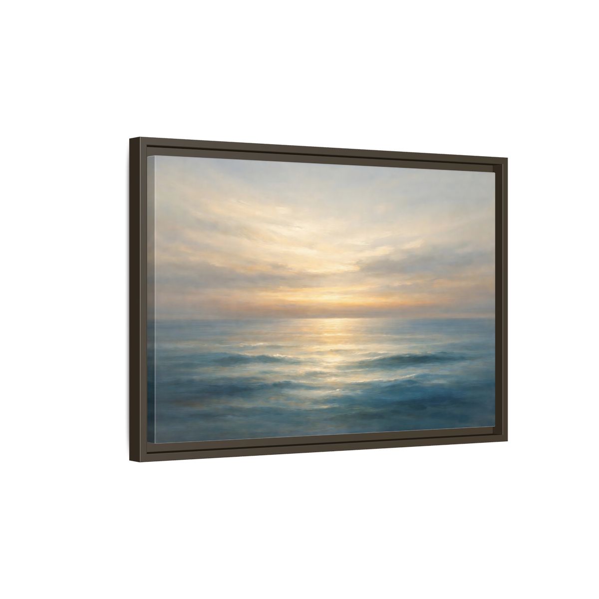 Side Mockup 2. Nature Ocean Sunset Blue And Gold shown as stretched canvas wall art