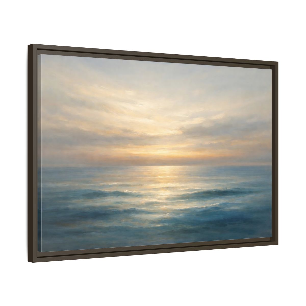 Side Mockup 11. Nature Ocean Sunset Blue And Gold shown as stretched canvas wall art