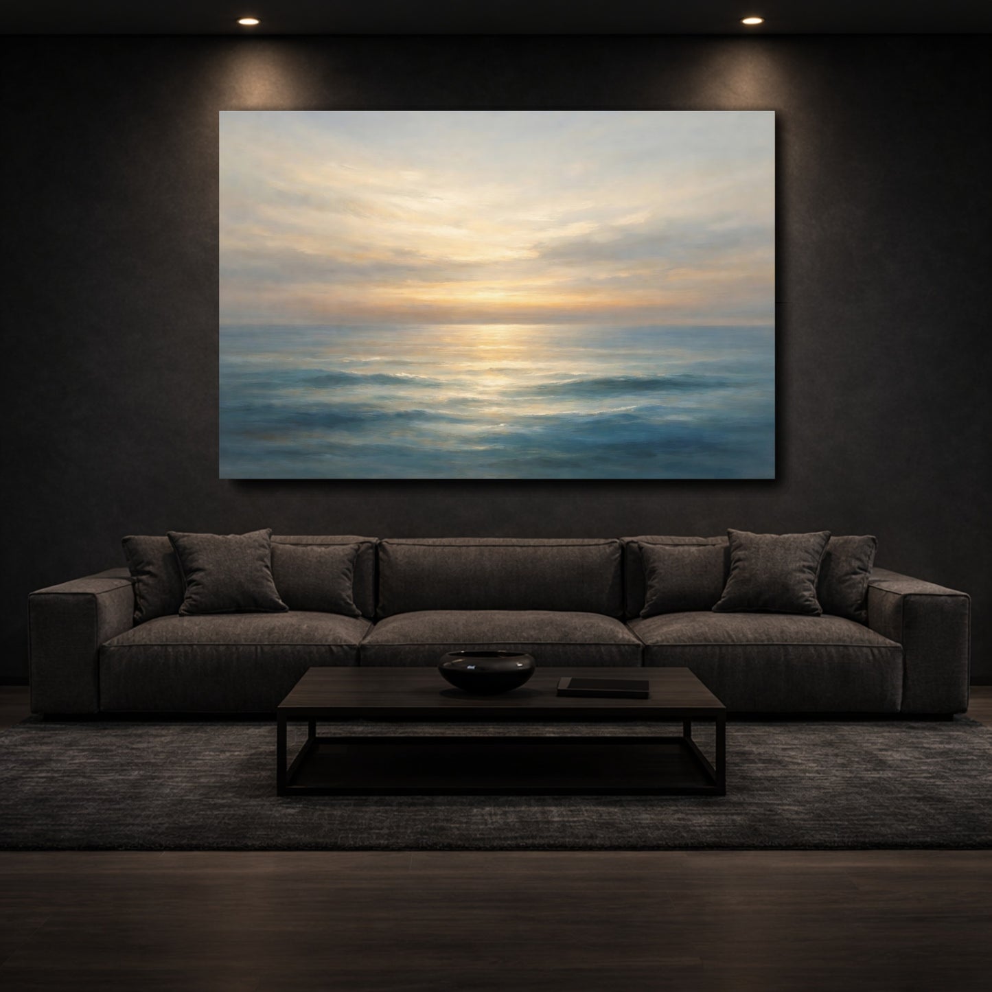 Mockup 2. Nature Ocean Sunset Blue And Gold Ocean shown as stretched canvas wall art