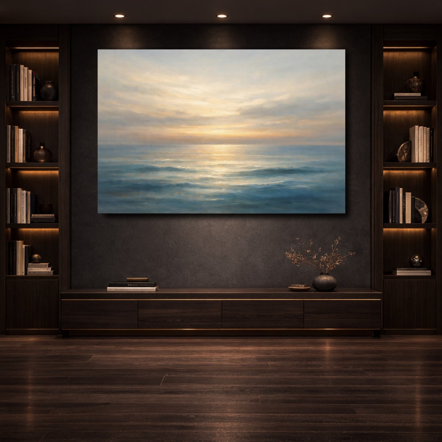Mockup 3. Nature Ocean Sunset Blue And Gold Ocean shown as stretched canvas wall art