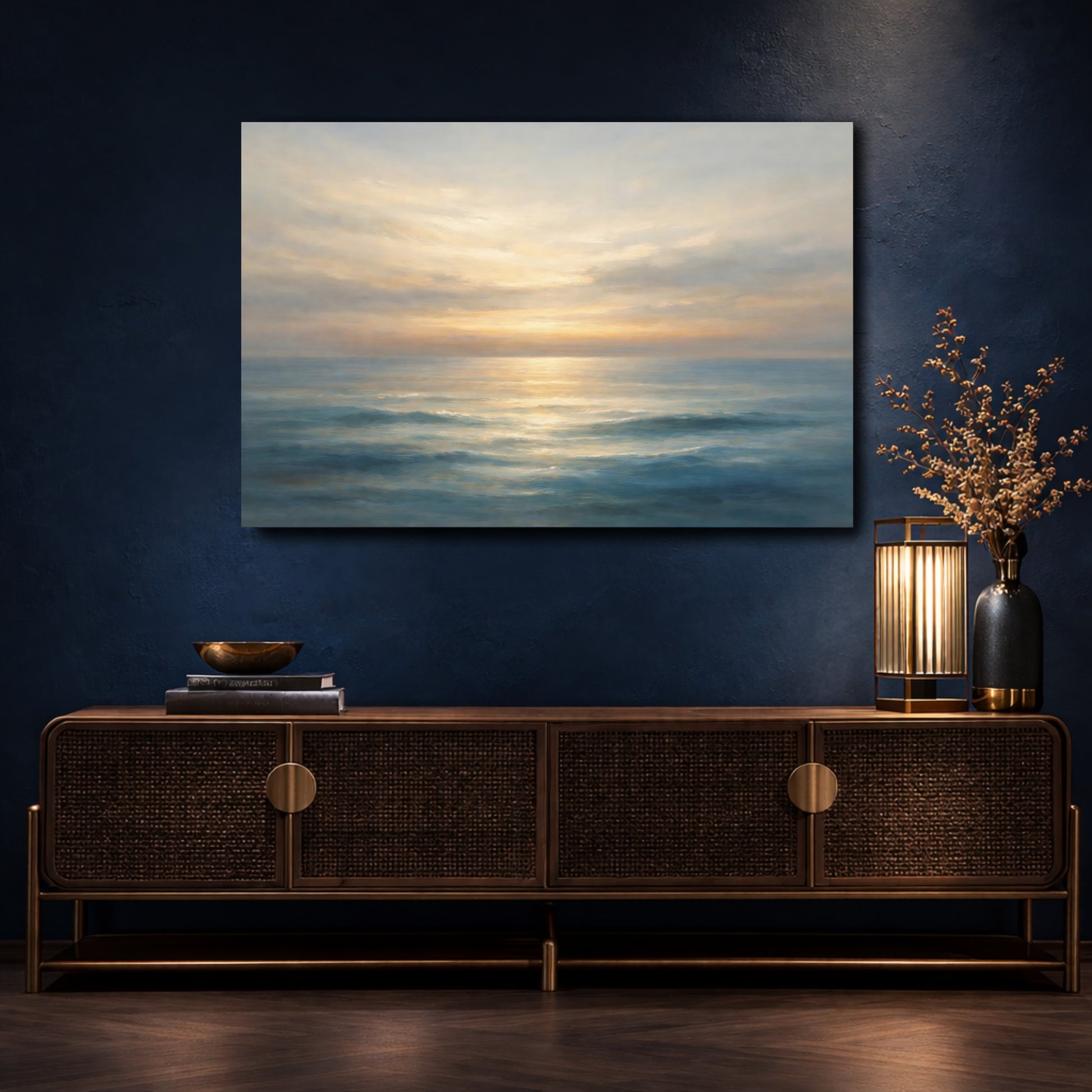 Mockup 4. Nature Ocean Sunset Blue And Gold Ocean shown as stretched canvas wall art