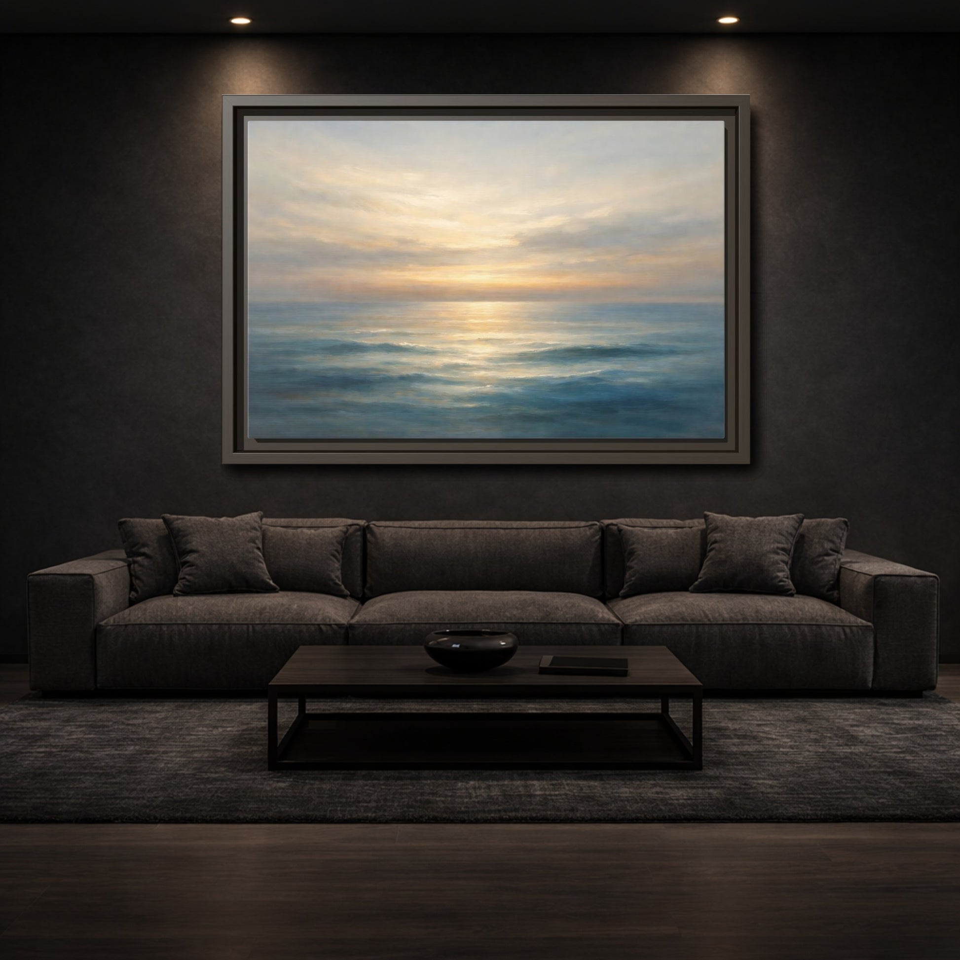 Mockup 2. Nature Ocean Sunset Blue And Gold shown as stretched canvas wall art