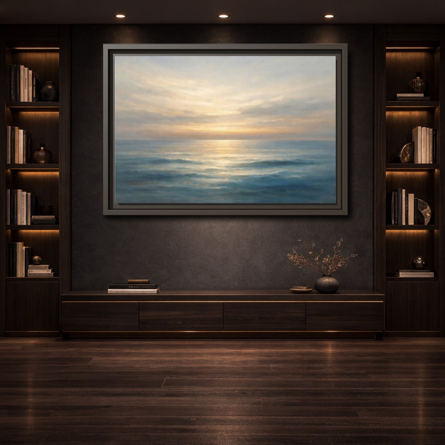 Mockup 3. Nature Ocean Sunset Blue And Gold shown as stretched canvas wall art