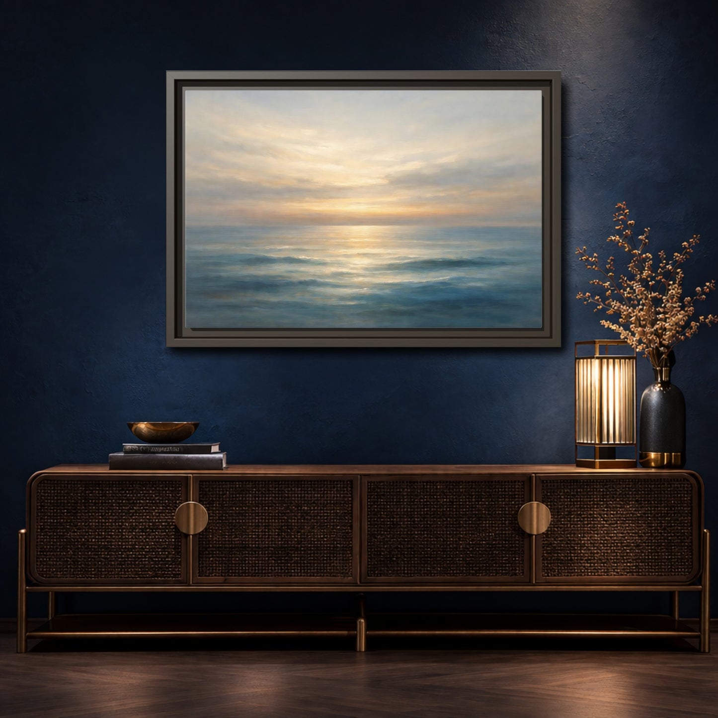 Mockup 4. Nature Ocean Sunset Blue And Gold shown as stretched canvas wall art