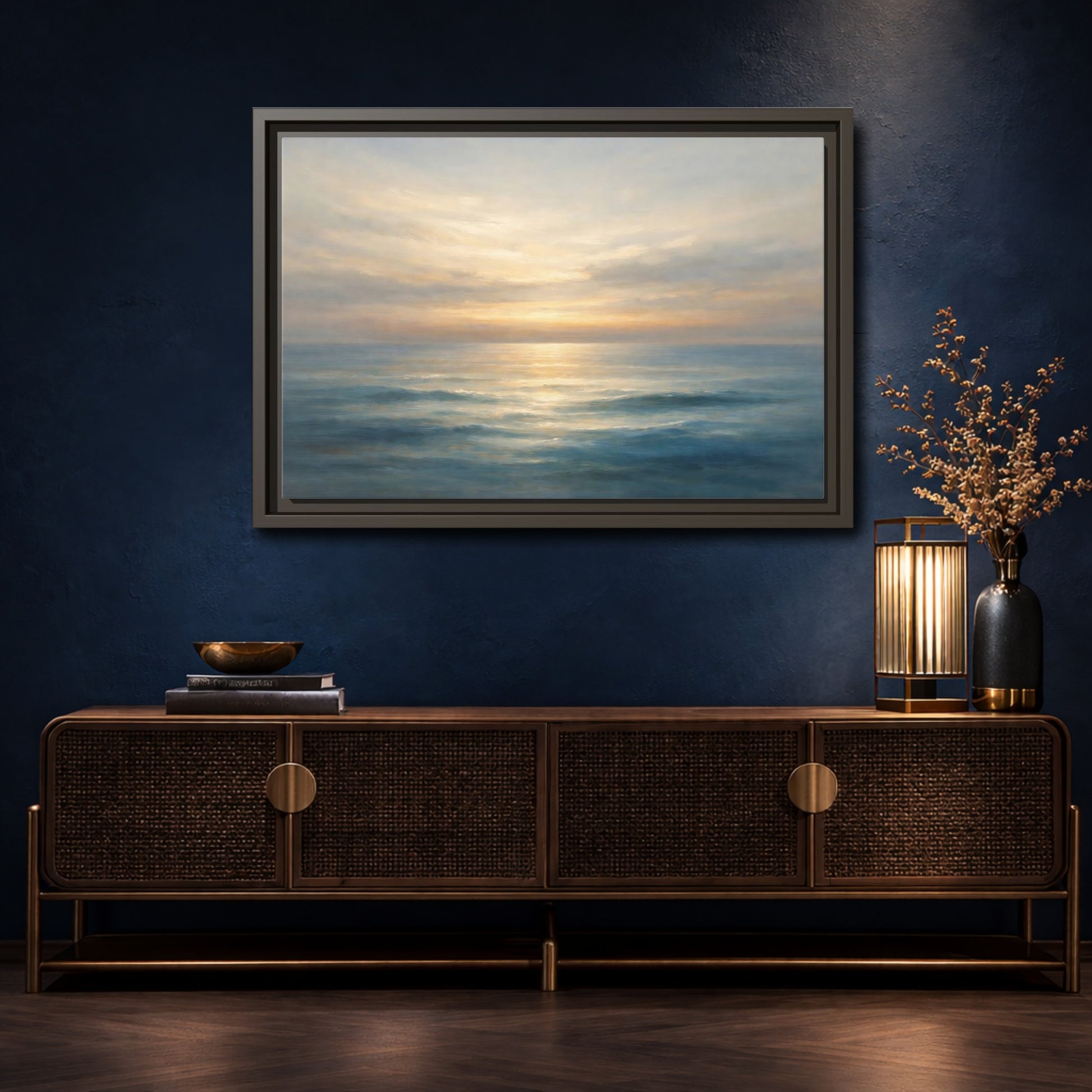 Mockup 4. Nature Ocean Sunset Blue And Gold shown as stretched canvas wall art